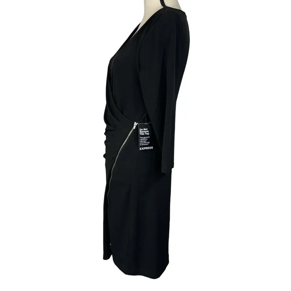 Express Medium Dress 3/4 Sleeve Stretch Surplice V-Neck Zip Accent Black New - Picture 5 of 9